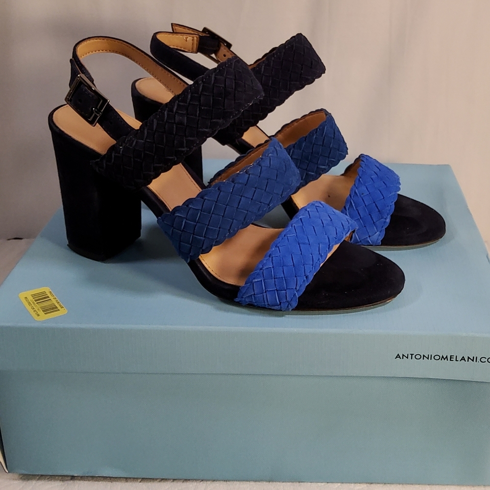ANTONIO MELANI ODETA BLUE BRAIDED BLOCK HEEL SANDAL SIZE 7.5M